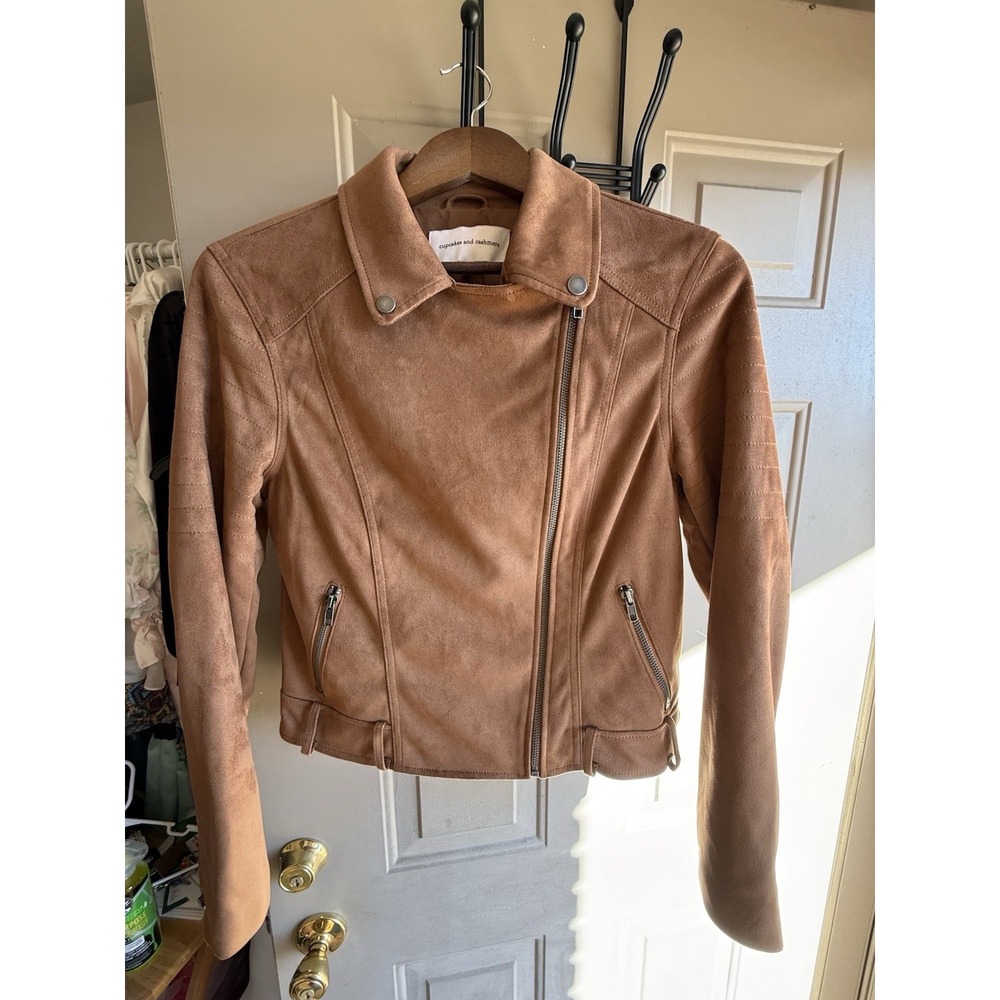 Cupcakes and Cashmere Brown Moto Jacket Womens Medium Cropped Biker Faux Suede - Picture 9 of 16